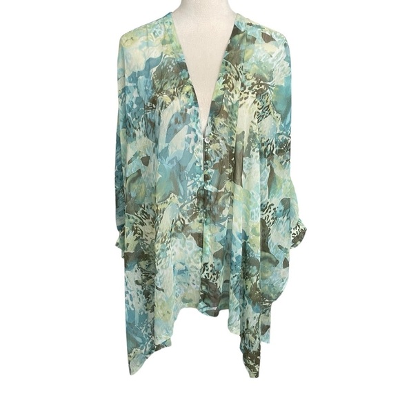 Chico’s Floral Sheer Open Front Flowy Green Sage VNeck Kimono Top Women Size S/M - Picture 1 of 8